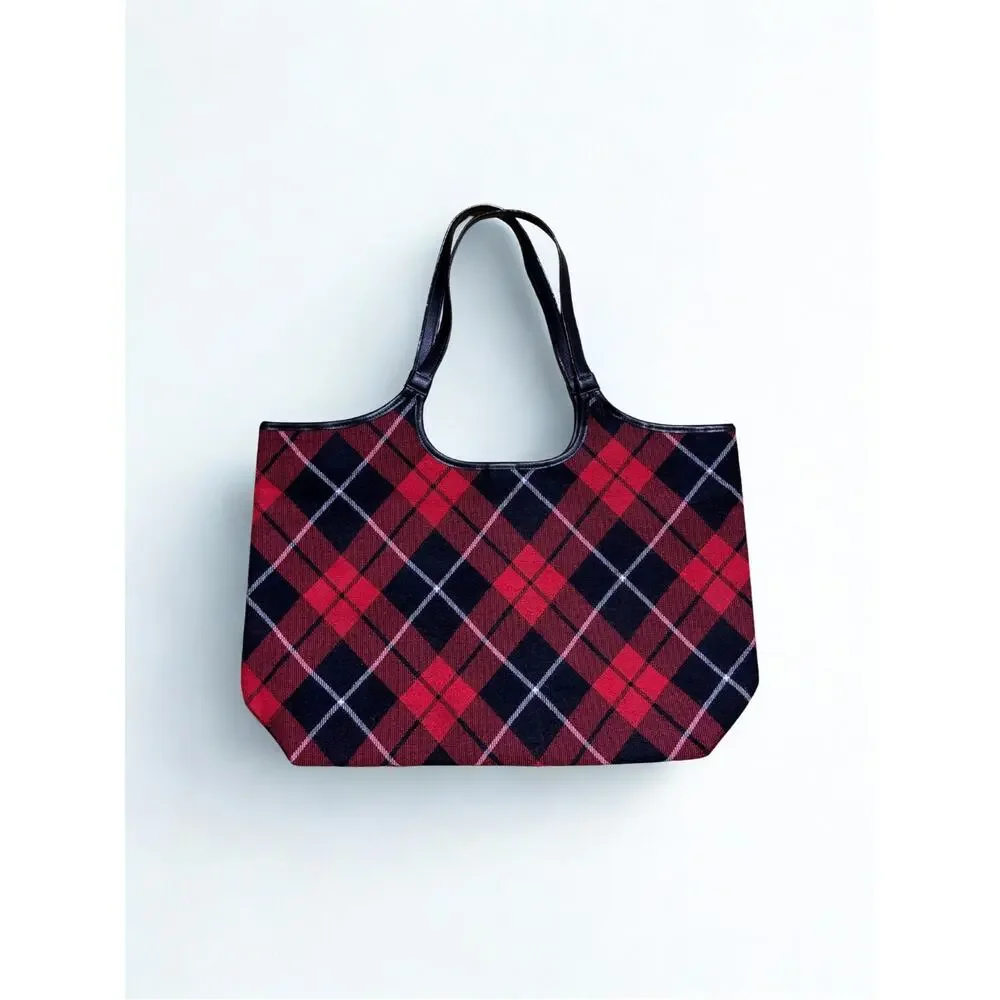 Victoria’s Secret Red Tartan Plaid Black Faux Leather Handle Tote Bag